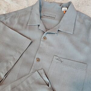 Tommy Bahama Island Zone Shirt LT Gray Silk Blend Button Up Short Sleeve Mens